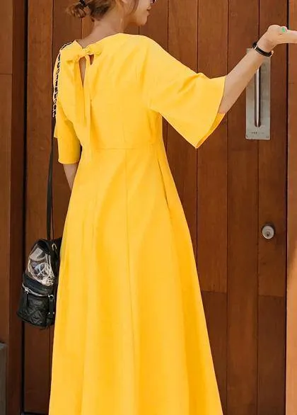 100% yellow cotton linen Long Shirts flare sleeve Bow loose summer Dress