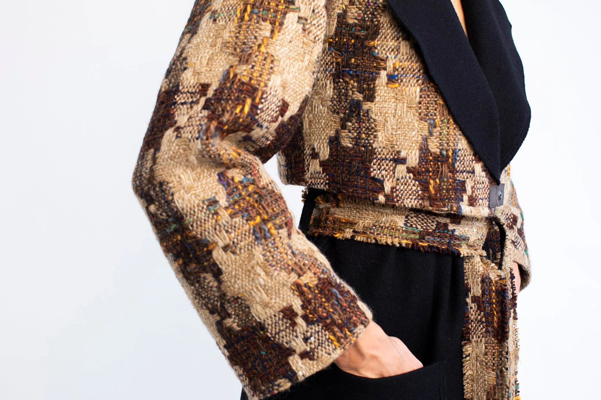 3 in 1 trench coat Magee’s Donegal artisan tweed & contrast black melton raw edge 100% wool