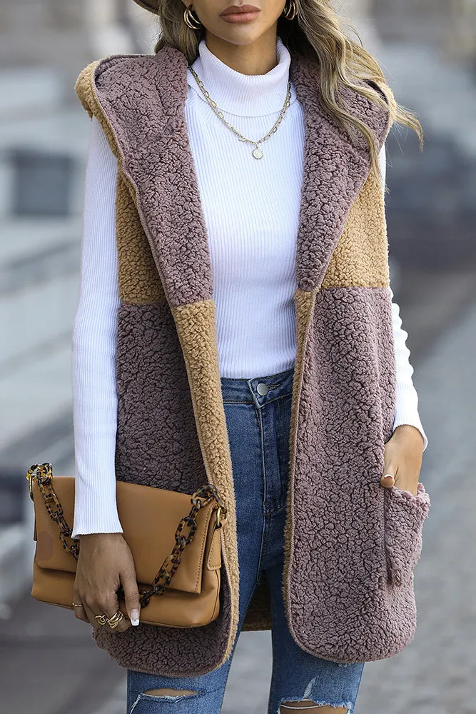 Color Block Plush Hooded Vest Winter Outfits Coat