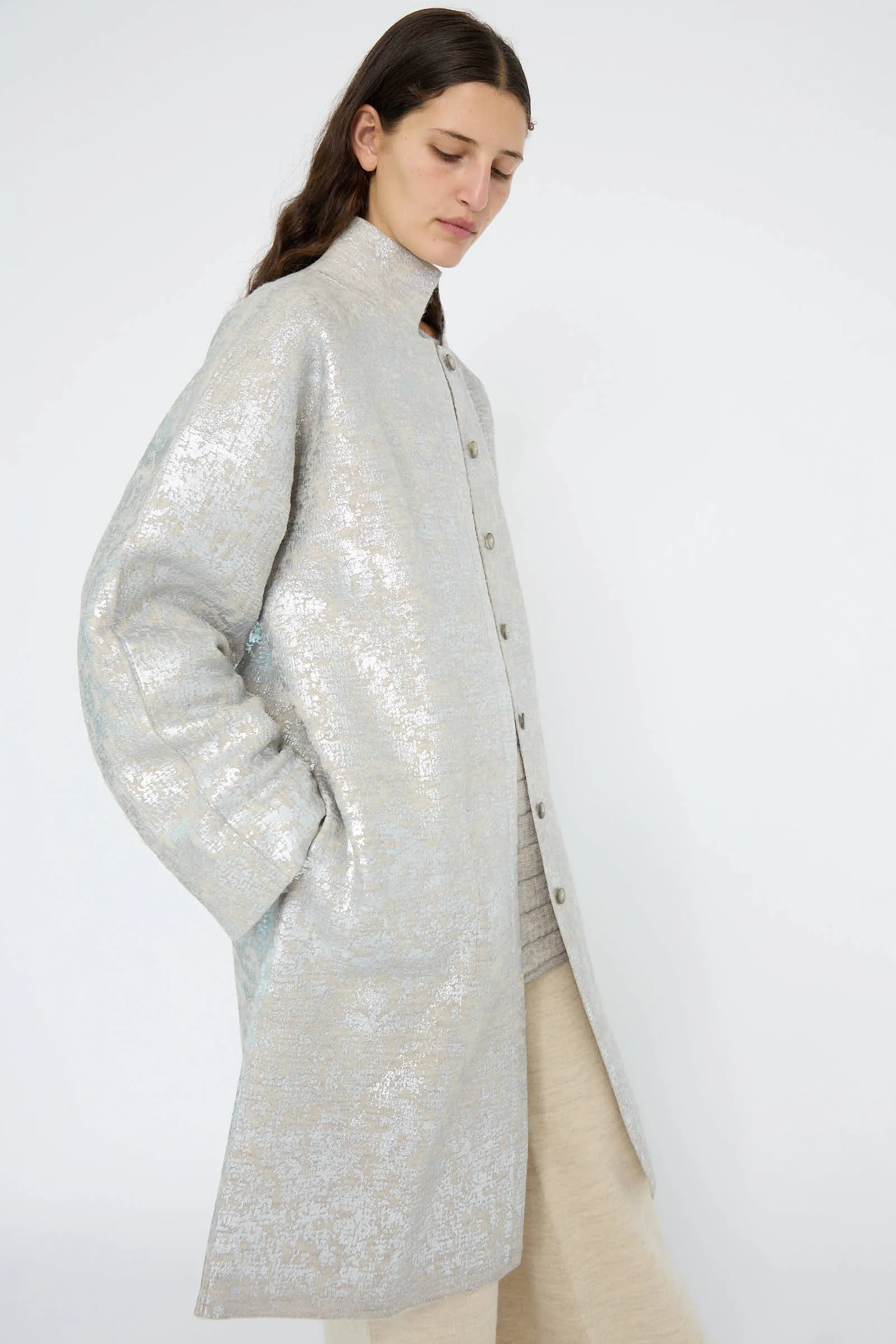 Foil Car Coat in Silver Carrara