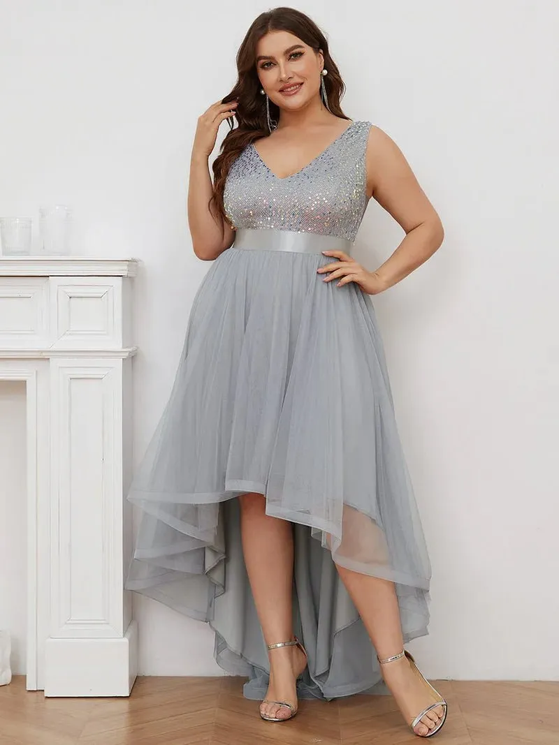 Sequin Top V-Neck High-Low Evening Dress